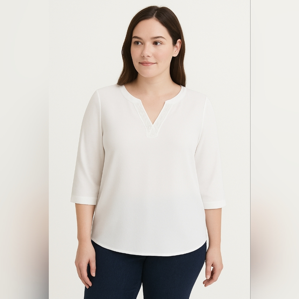 Van Heusen V Neck 3/4 Sleeve Relaxed Blouse White Light Cream Color Large